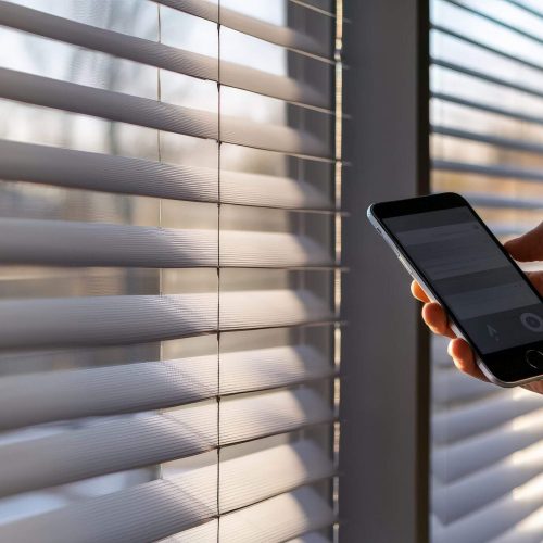 An image of a person controlling smart blinds with a smartphone,